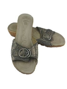 Fly Flot Tan Snakeskin Buckled Strap Upper Round Toe Wedged Heel Slide Sandal